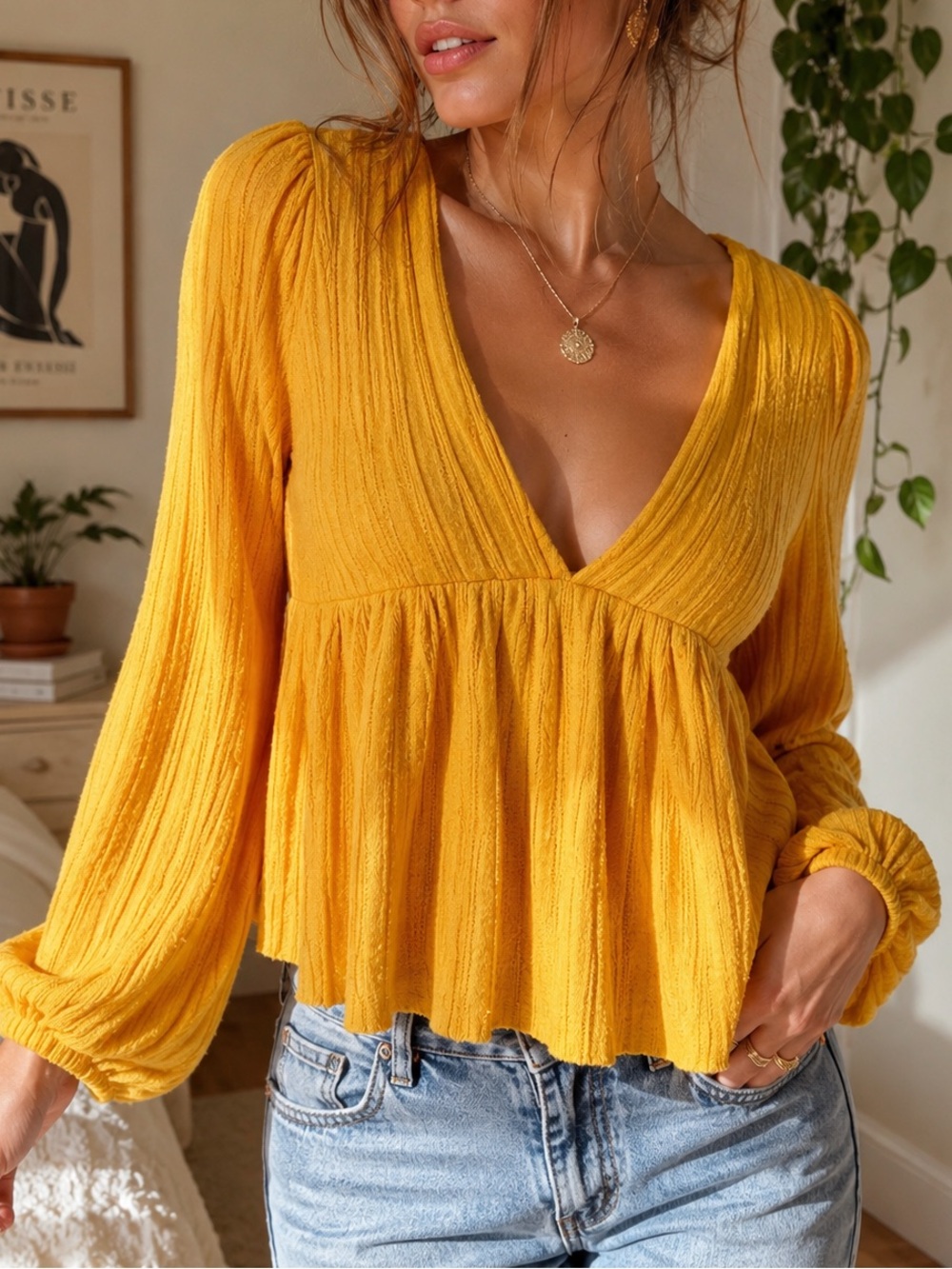Urban Outfitters Mustard Babydoll Knit Top Balloon Sleeve Boho XS